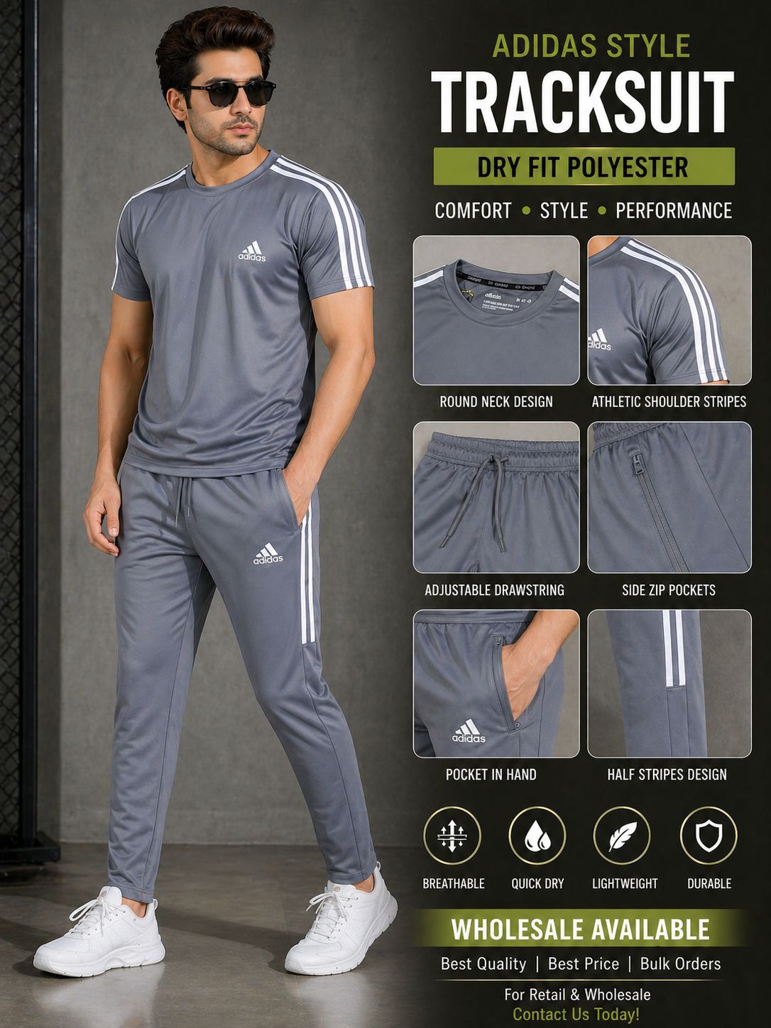 Adidas Style Men's Tracksuit — Dry Fit Polyester